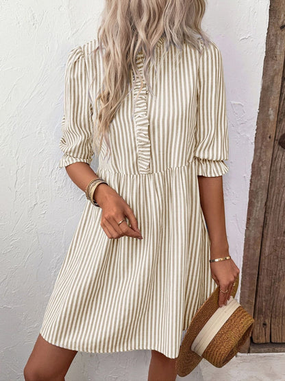 Striped Puff Sleeve Ruffled Fit & Flare Dress