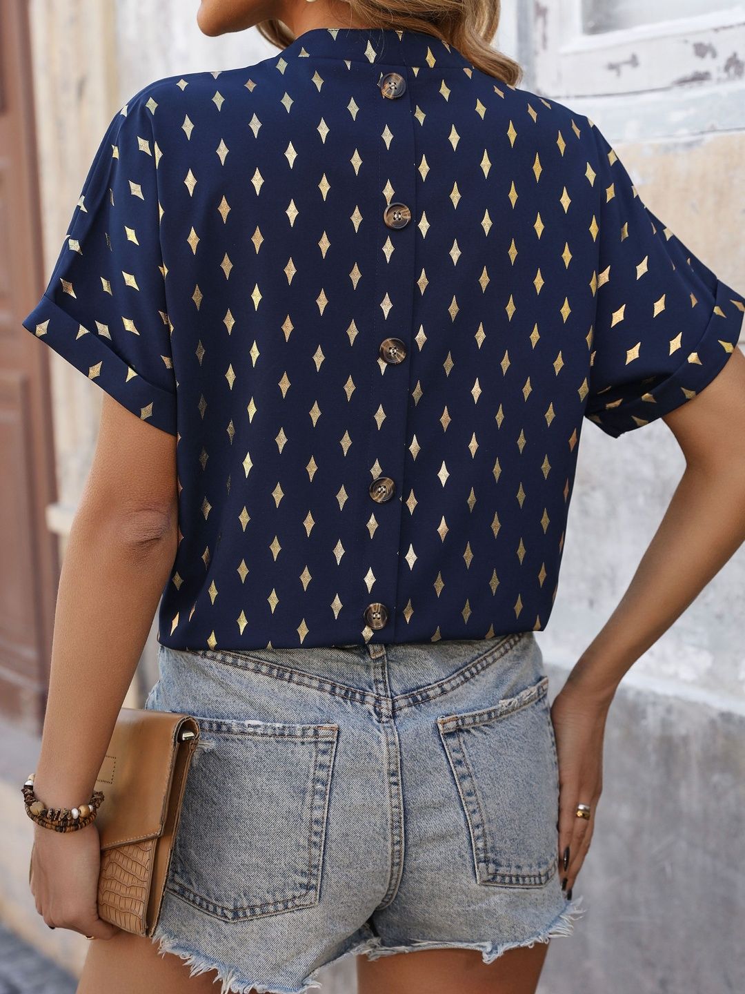 Navy Geometric Print V-Neck Top