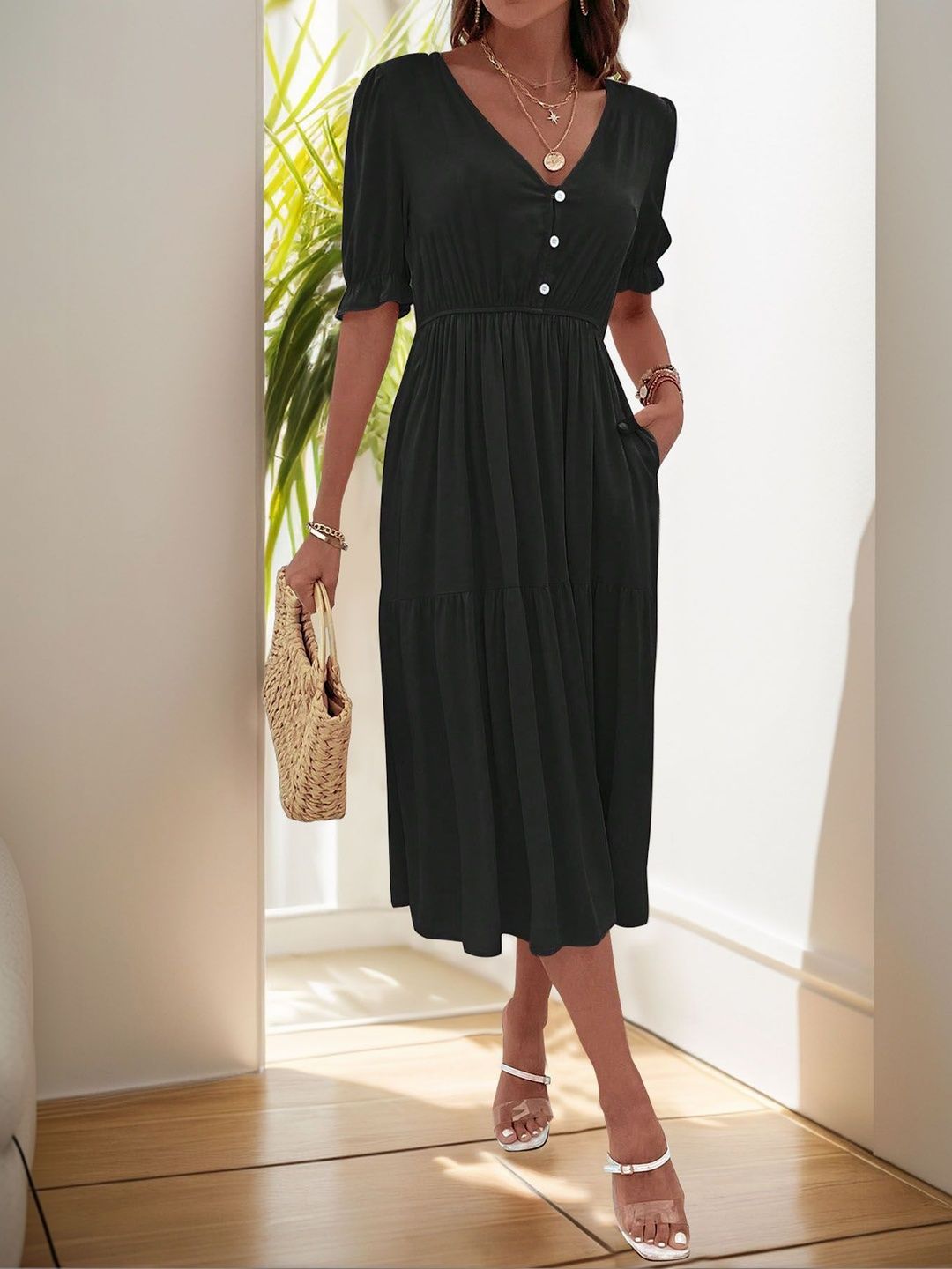 Puff Sleeve A-Line Midi Dress