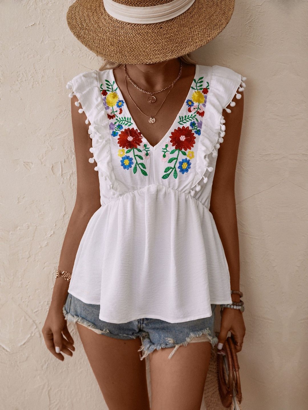 Floral Embroidered Flutter Sleeve Ruffles Ethnic Cotton Peplum Top in White - Nowi Korean Fashion