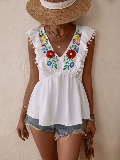 Floral Embroidered Flutter Sleeve Ruffles Ethnic Cotton Peplum Top in White - Nowi Korean Fashion