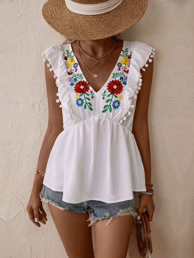 Floral Embroidered Flutter Sleeve Ruffles Ethnic Cotton Peplum Top in White - Nowi Korean Fashion