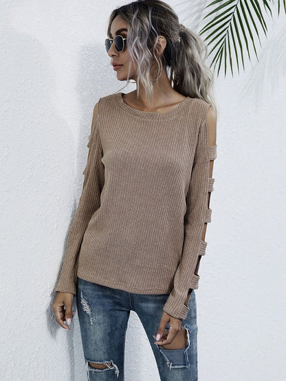 Women's Brown Ribbed Pullover Blend Printed Regular Fit
