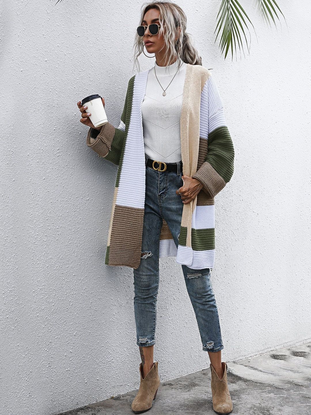 Women's Green Colourblocked Cardigan