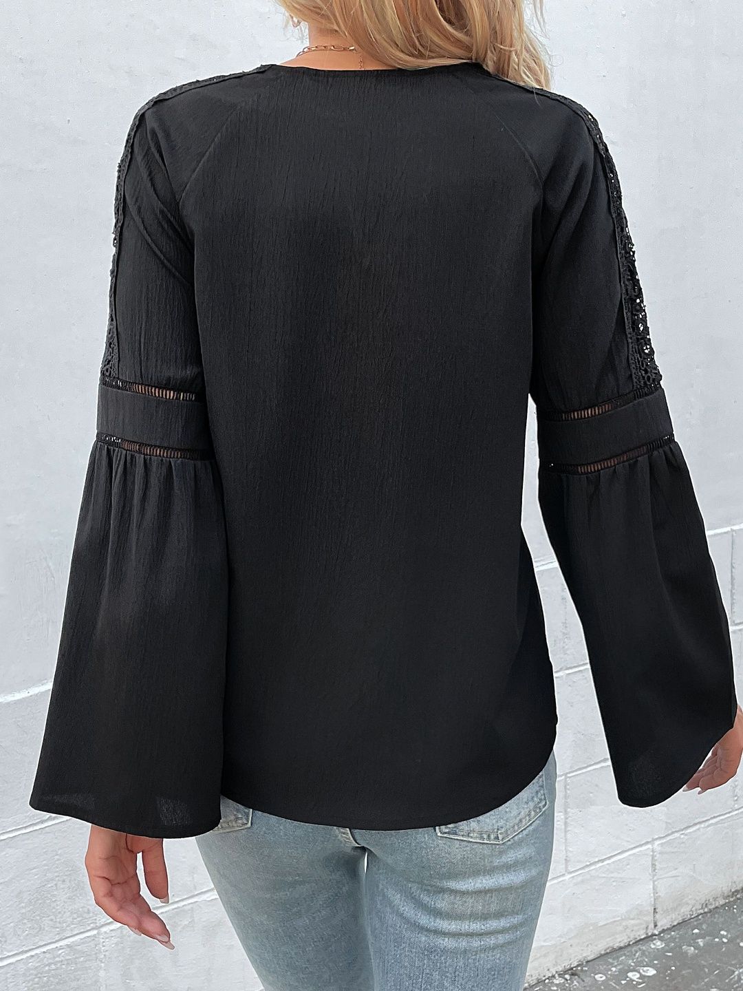 Women's Black Tie-Up Neck Bell Sleeve Top