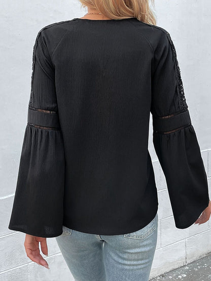 Women's Black Tie-Up Neck Bell Sleeve Top