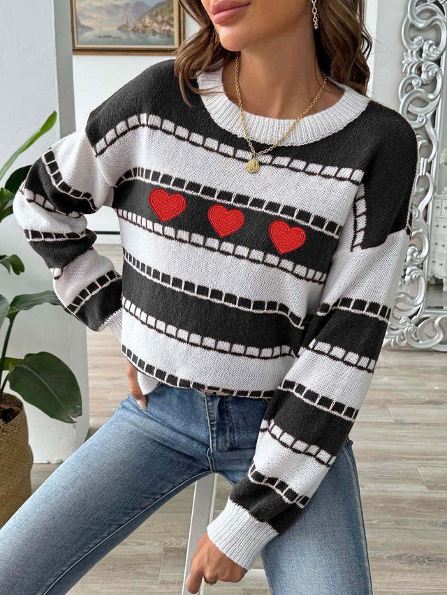 Striped Pullover with Embroidered Detail in White cotton - Nowi Korean Fashion