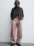 Korean Single Pleated Relaxed Trouser in Pink polyester - Nowi Korean Fashion