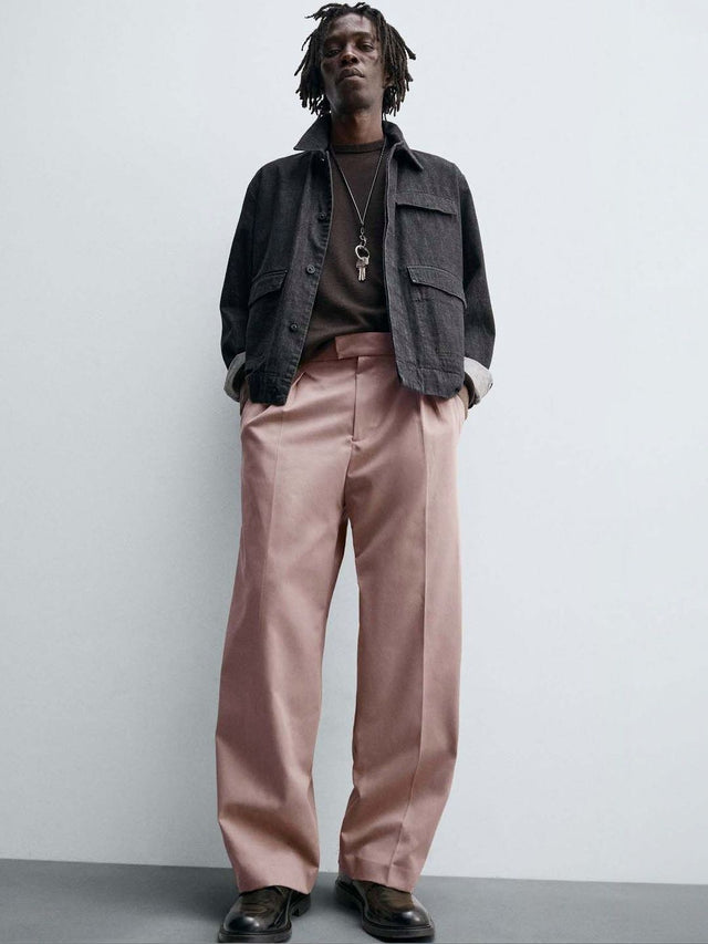 Korean Single Pleated Relaxed Trouser in Pink polyester - Nowi Korean Fashion