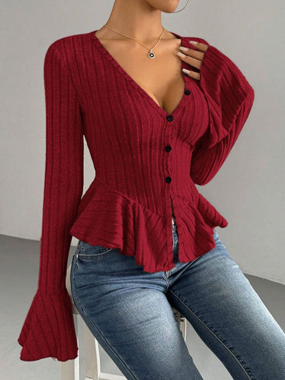 Women's Red Bell Sleeve Ruffles Cotton Peplum Top