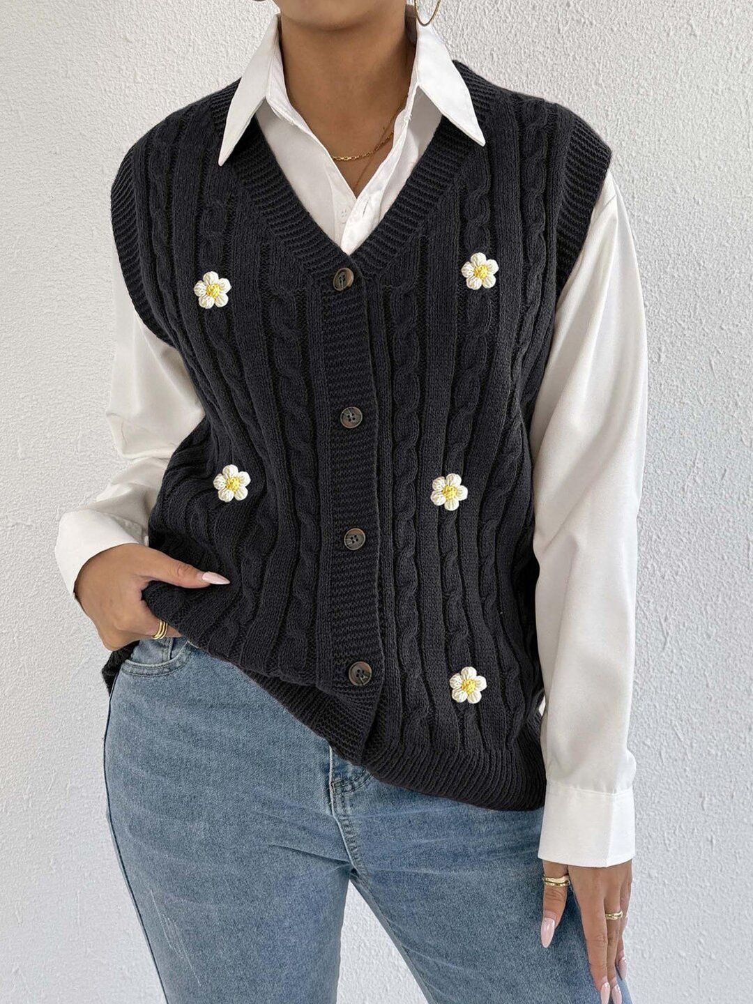 Women Cable Knit Colourblocked Sweater Vest with Applique Detail