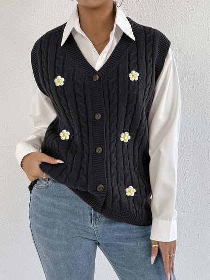 Women Cable Knit Colourblocked Sweater Vest with Applique Detail