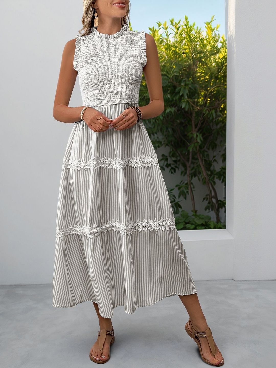 Striped Puff Sleeve A-Line Midi Dress in White cotton - Nowi Korean Fashion
