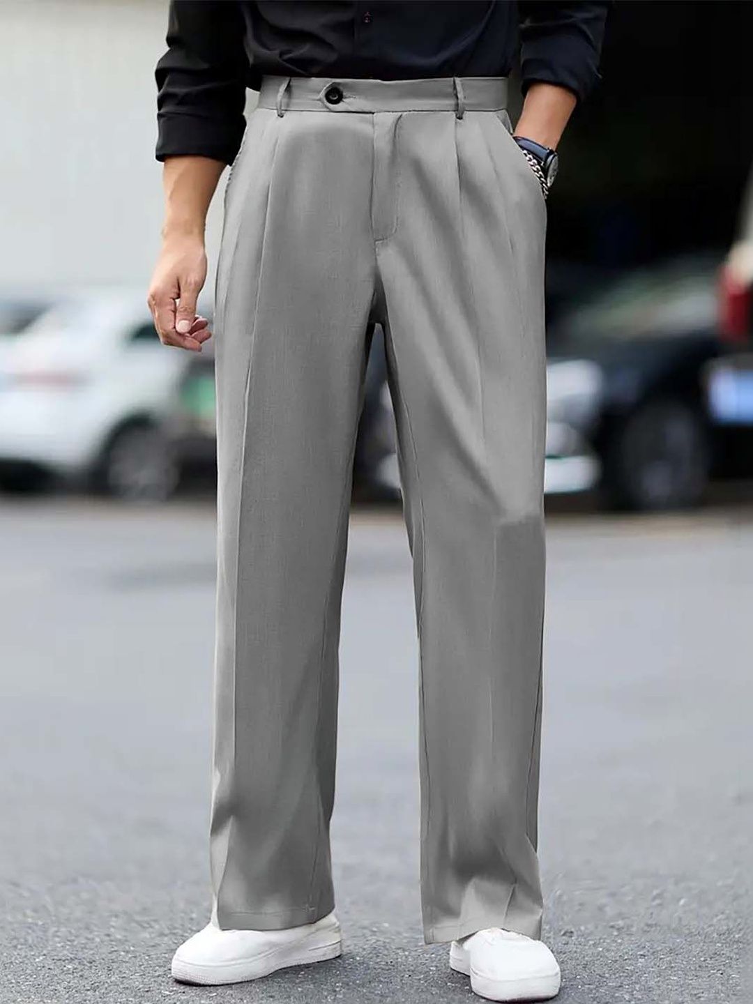 Men Straight Fit Pleated Trousers