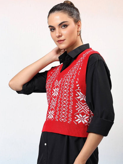 NOWI Women Fair Isle Printed Woollen Crop Sweater Vest