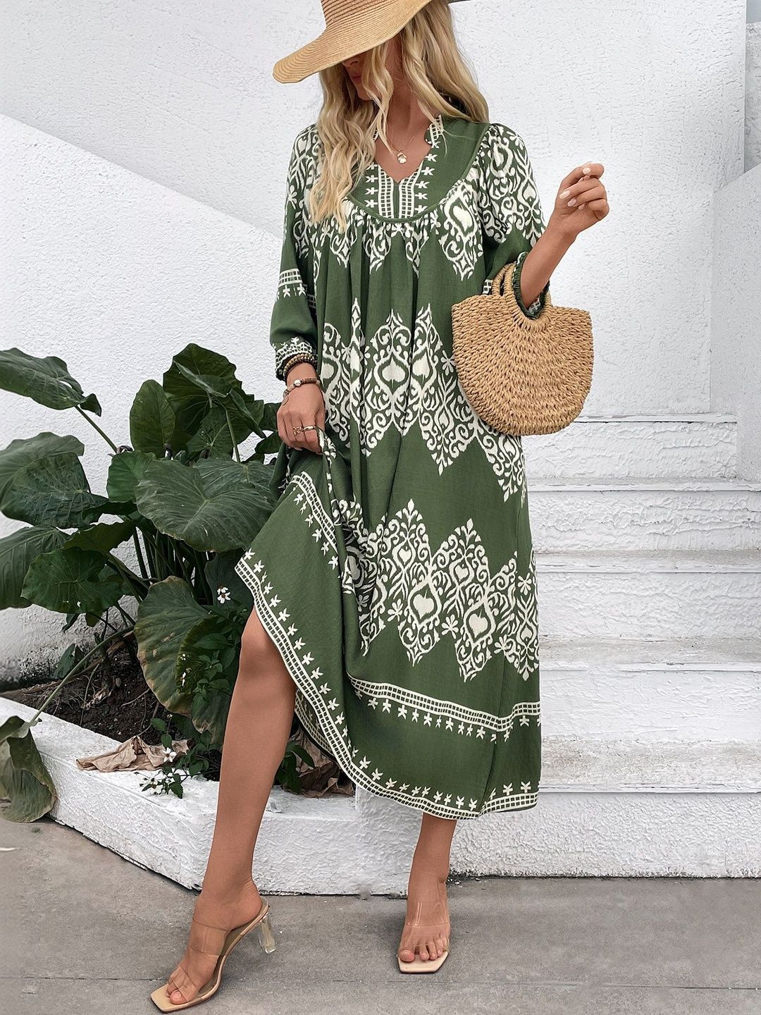 Bohemian Print Kaftan Midi Dress