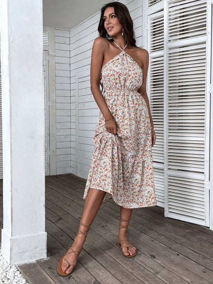 Floral Print Halter Neck Fit & Flare Midi Dress