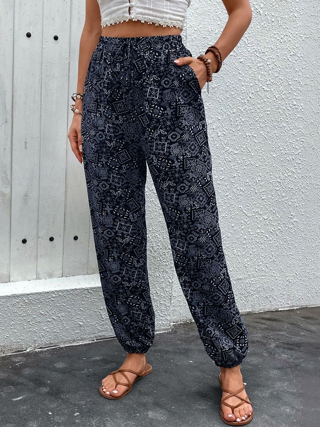 Ethnic Motifs Printed Loose Fit Non Iron Trousers in Black cotton - Nowi Korean Fashion