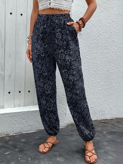 Ethnic Motifs Printed Loose Fit Non Iron Trousers in Black cotton - Nowi Korean Fashion