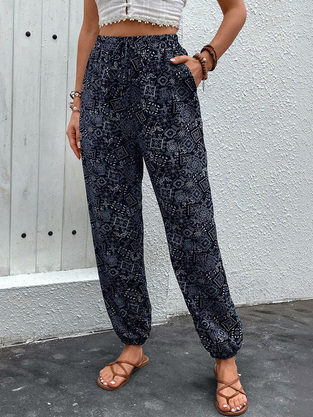 Ethnic Motifs Printed Loose Fit Non Iron Trousers in Black cotton - Nowi Korean Fashion