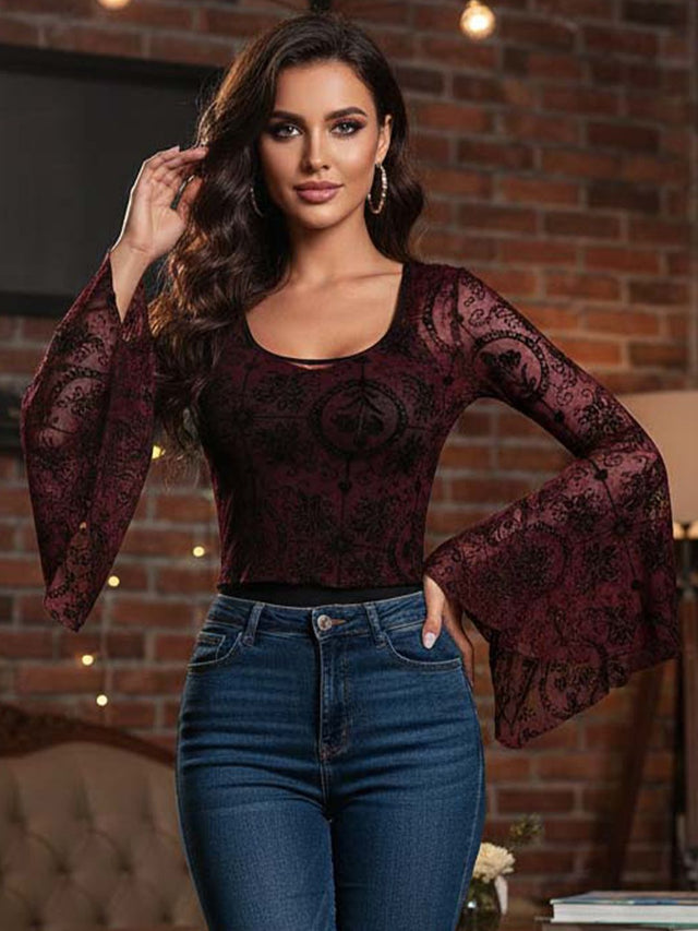 Bell Scoop Neck Sleeve Top in Maroon polyester Printed - Nowi Korean Fashion