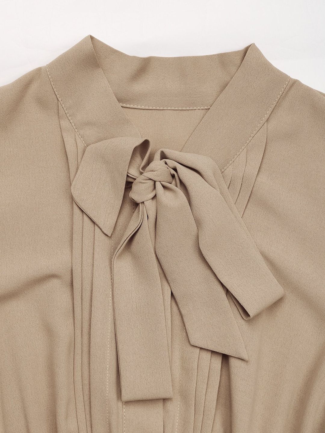Women's Beige Tie-Up Neck Fit & Flare Midi Dress Blend
