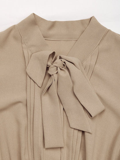 Women's Beige Tie-Up Neck Fit & Flare Midi Dress Blend