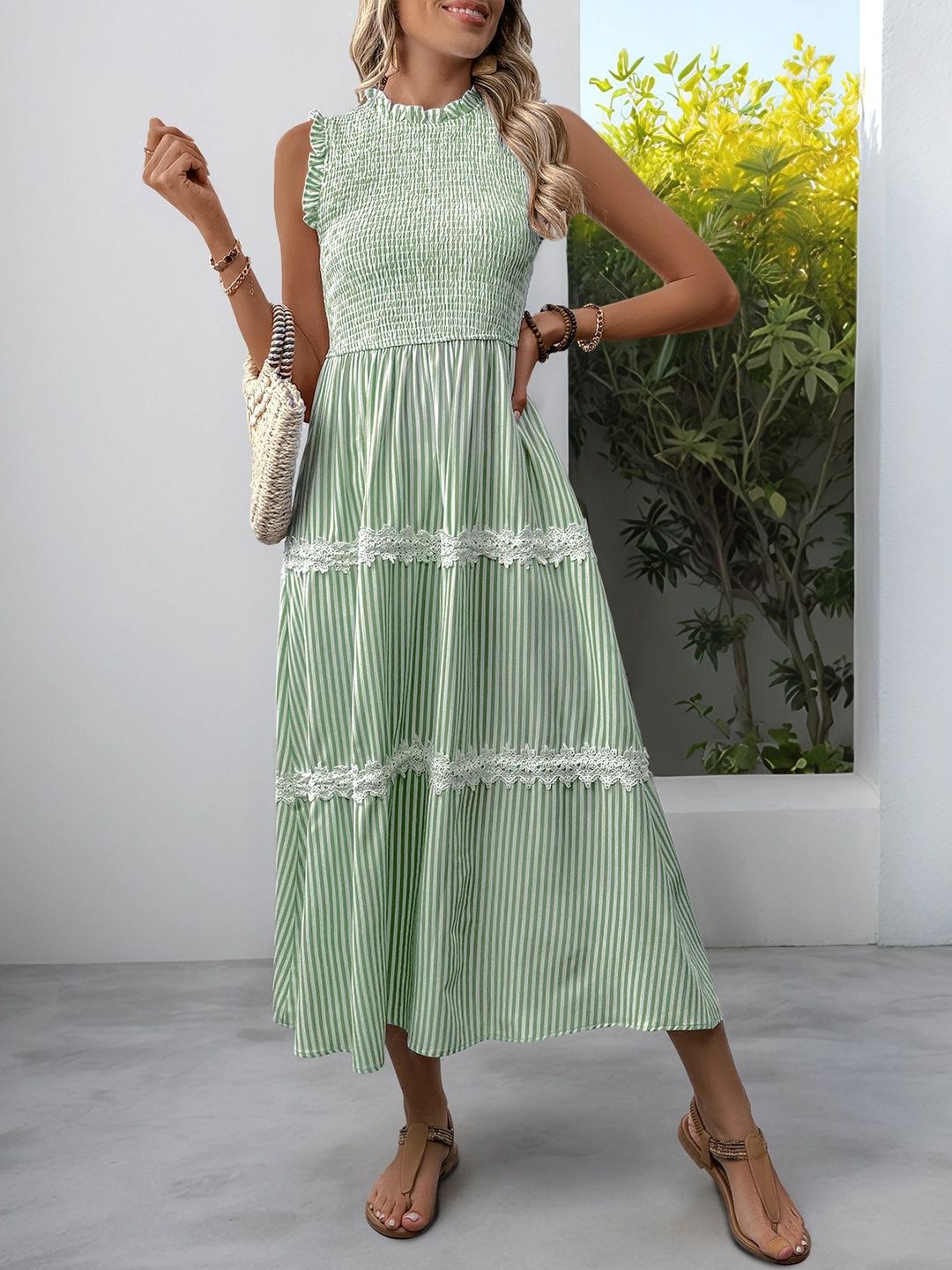 Striped Flutter Sleeve Fit & Flare Midi Dress