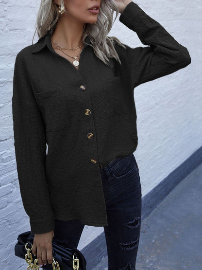Casual Shirt in Black Cotton Long Sleeve - Nowi Korean Fashion
