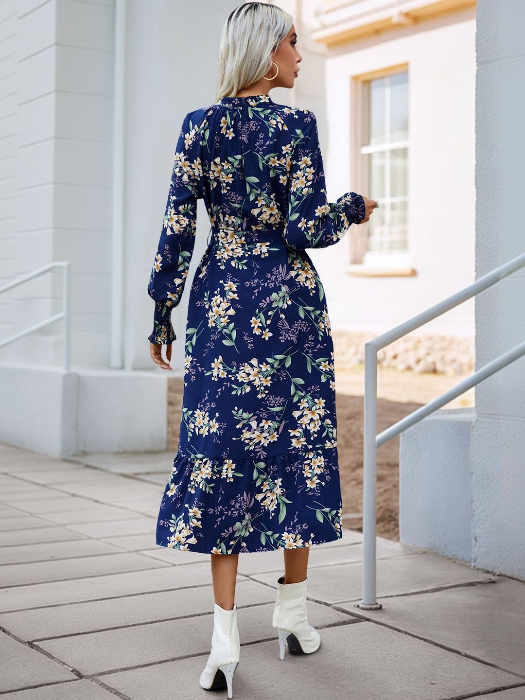 Floral Print Puff Sleeve Fit & Flare Midi Dress