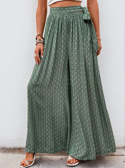 Printed Loose Fit High-Rise Non Iron Trousers in Green cotton - Nowi Korean Fashion