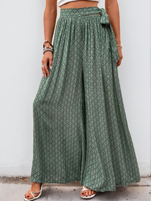 Printed Loose Fit High-Rise Non Iron Trousers in Green cotton - Nowi Korean Fashion