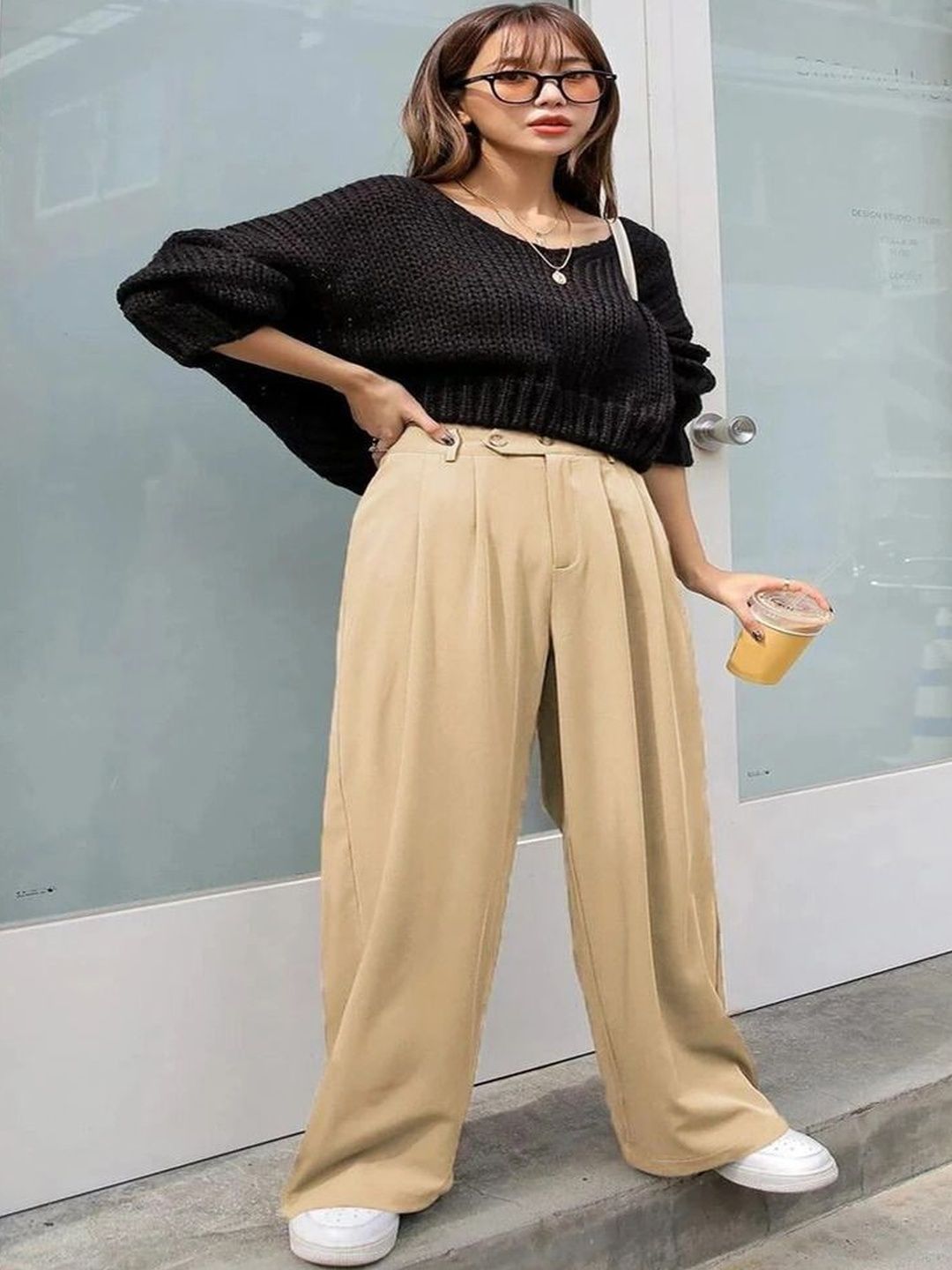 Women Loose Fit High-Rise Wide Leg Trousers