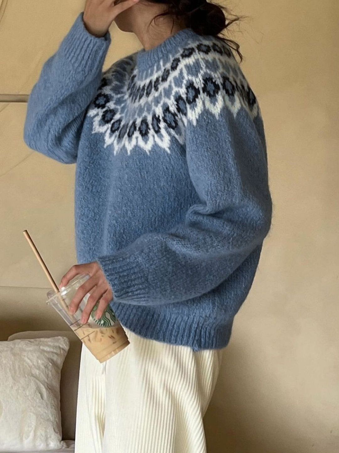 Women's Blue Fair Isle Printed Pullover