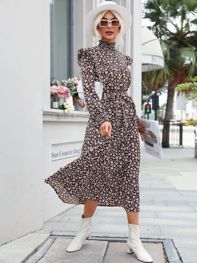 Floral Print Puff Sleeve Ruffled Fit & Flare Midi Dress in Brown - Nowi Korean Fashion