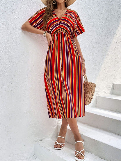 Striped Flared Sleeve A-Line Midi Dress cotton - Nowi Korean Fashion