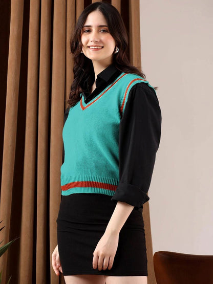 Women Striped Woollen Crop Sweater Vest