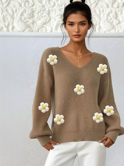 Women Floral Ribbed Pullover with Applique Detail