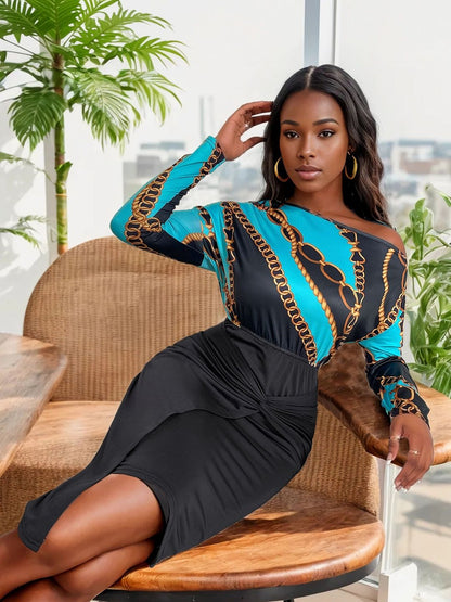 Women's Black Print Off-Shoulder Batwing Sleeve Bodycon