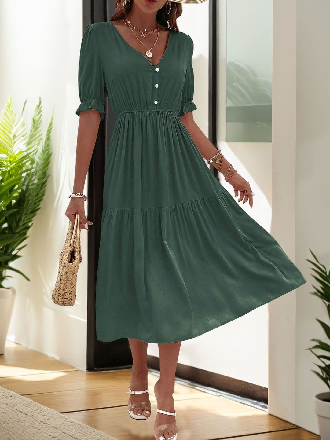 Puff Sleeve Fit & Flare Midi Dress