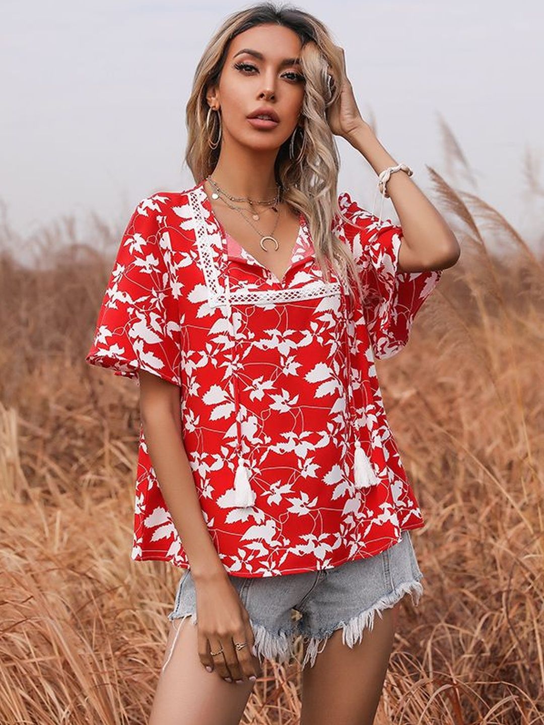 Floral Print Cotton Top in Red - Nowi Korean Fashion