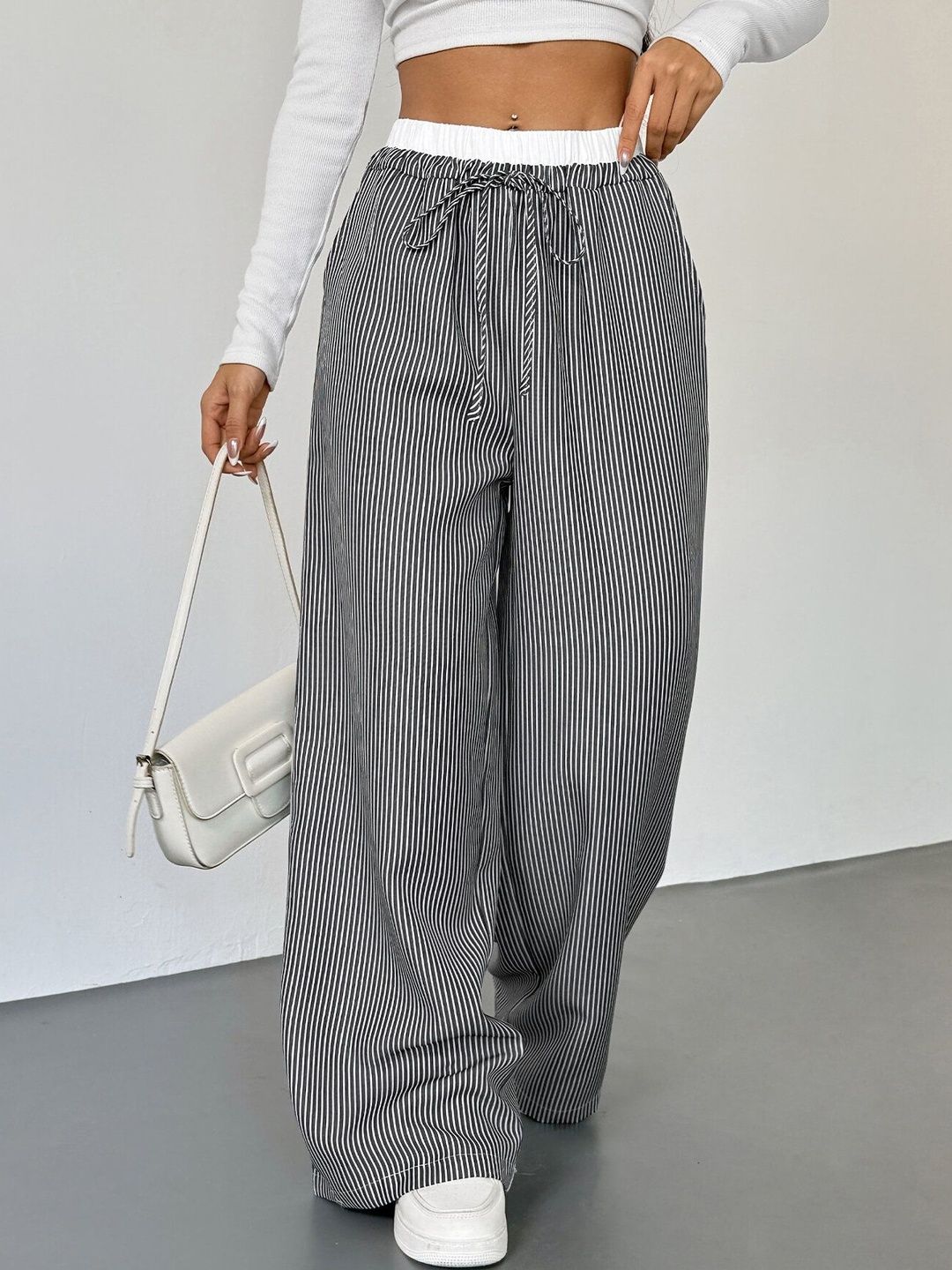 Striped Loose Fit Trousers in Black - Nowi Korean Fashion