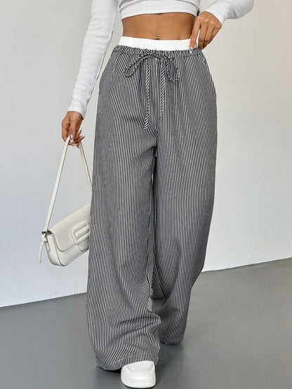 Striped Loose Fit Trousers in Black - Nowi Korean Fashion