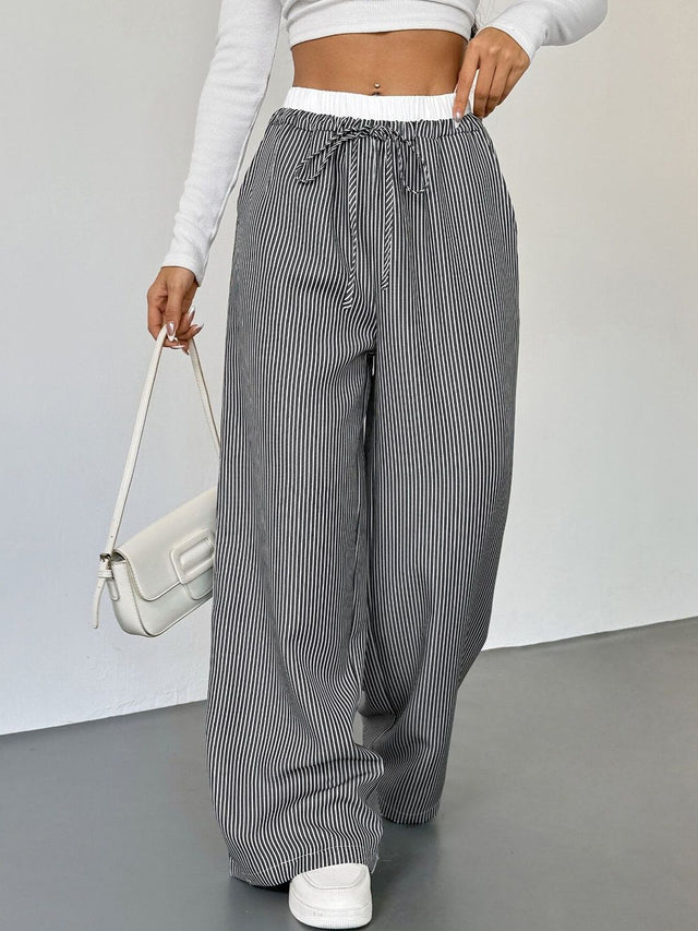 Striped Loose Fit Trousers in Black - Nowi Korean Fashion