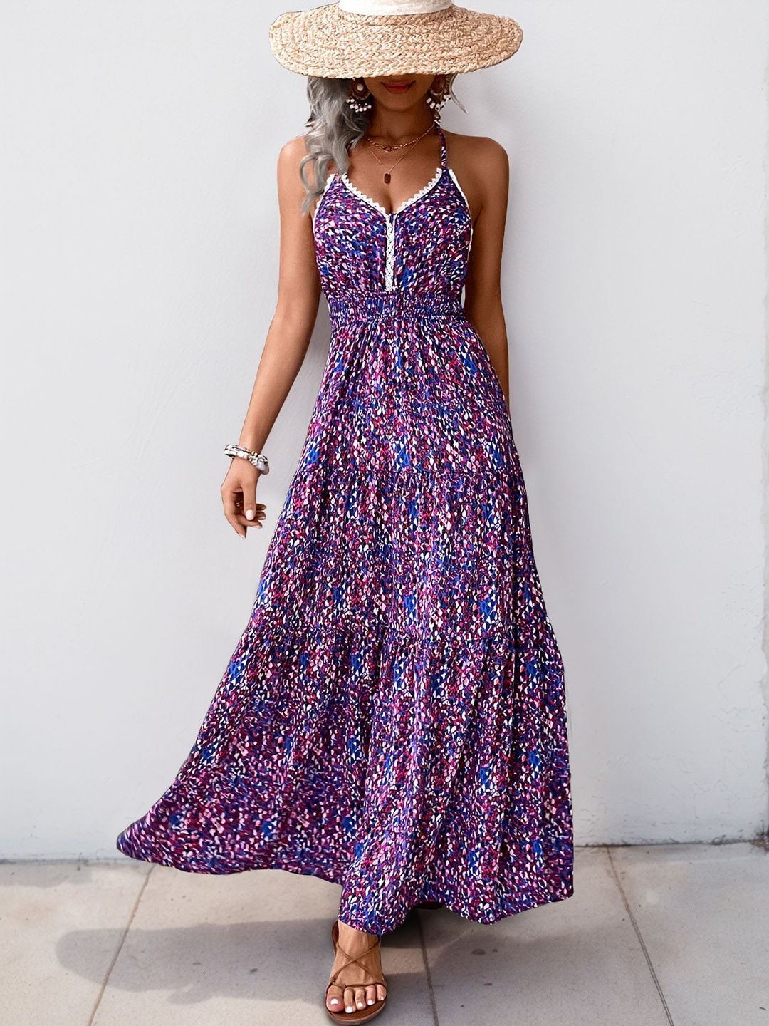 Print Halter Neck Maxi Dress in Purple cotton Printed - Nowi Korean Fashion