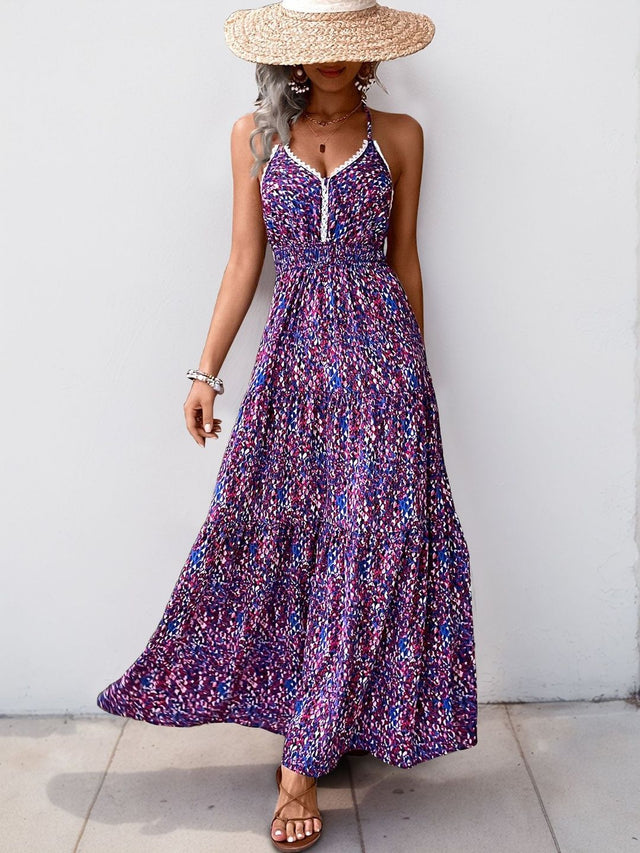 Print Halter Neck Maxi Dress in Purple cotton Printed - Nowi Korean Fashion