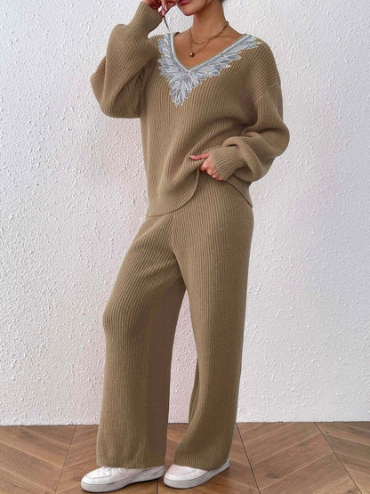 Knitted Embellished Sweater with Palazzos
