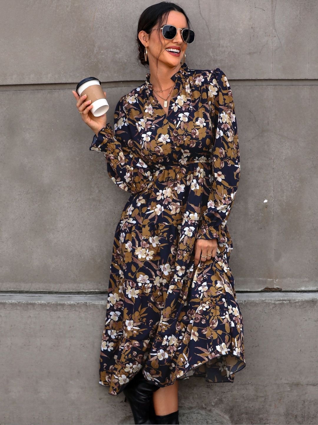 NOWI Floral Print A-Line Midi Dress - Nowi Korean Fashion