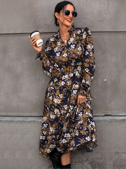 NOWI Floral Print A-Line Midi Dress - Nowi Korean Fashion