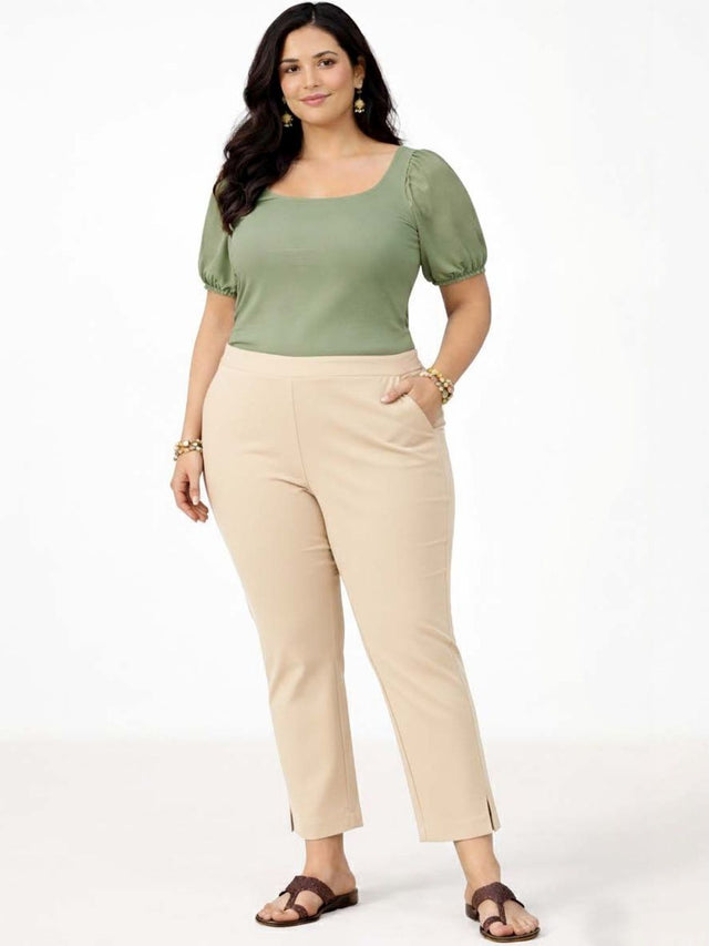 Wrinkle Free Trousers in Beige polyester Style 57 - Nowi Korean Fashion